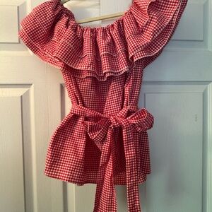 Who What Wear Red Gingham Ruffle Top